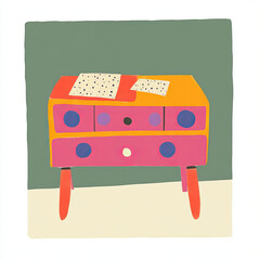 Colorful filing cabinet with paperwork, playful style, green wall, cheerful mood