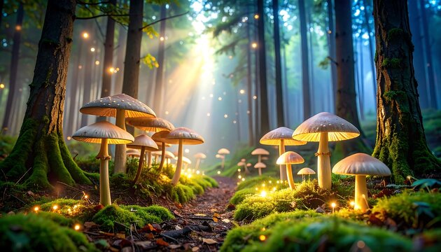 Mystical forest path illuminated by glowing mushrooms