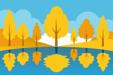 yellow treetops and hillside forest reflected 