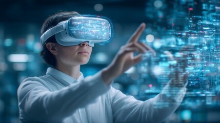A person wearing a virtual reality headset interacts with a futuristic holographic digital interface in a high-tech environment.