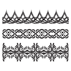 Collection of three distinct black and white decorative borders featuring intricate celtic knotwork and organic floral patterns on a clean white background
