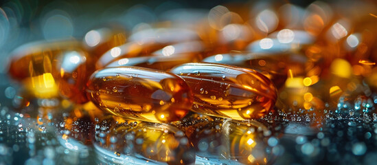 Golden capsules on wet surface with bokeh background