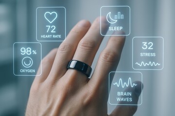 A human hand wearing a smart ring interacts with a holographic AR interface displaying health data. Metrics include heart rate, oxygen levels, sleep, stress, and brain waves