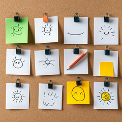Cheerful sticky notes with hand drawn sun and smiley faces on cork board, creative mood