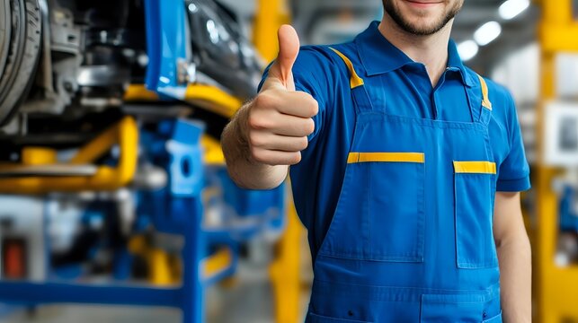 Caucasian male auto mechanic in blue uniform showing thumbs up gesture at car service station. Professional automotive repair workshop background.