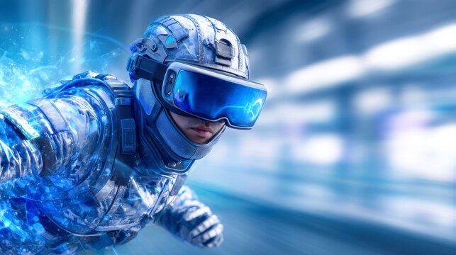 A futuristic soldier wearing advanced combat armor and a high-tech visor, surrounded by digital effects in a dynamic, fast-paced environment. - Powered by Adobe