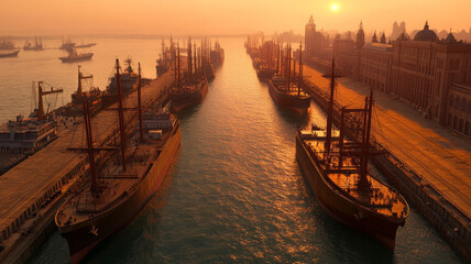 Sunset port with multiple docked cargo ships, calm water, and historic buildings, warm atmosphere