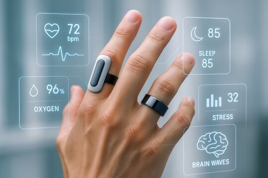 A human hand displays smart rings with holographic AR interface showing health data like heart rate, sleep quality, and stress levels. Wearable health tech