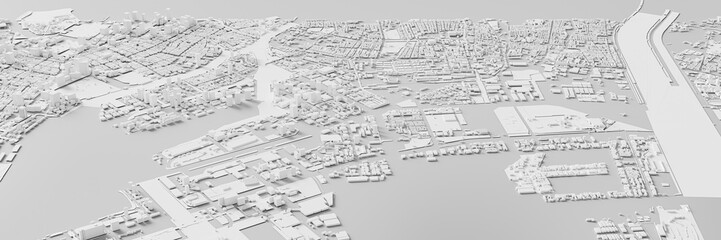 3D render map of Tokyo cityscape. 3D illustration of an aerial view of Tokyo, Japan.