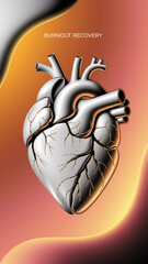 Metallic Heart Symbolizing Burnout Recovery: A detailed, metallic heart, designed to represent the heart, glows against an abstract background.