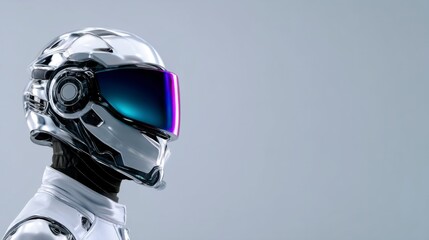 A futuristic silver robot head with a reflective blue-purple visor faces left against a plain gray background.