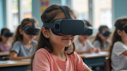 An 8-year-old schoolgirl in a pink T-shirt and with the rest of her class in VR headsets
