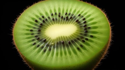 Close-up of a sliced kiwi fruit, showcasing its vibrant green flesh and black seeds.