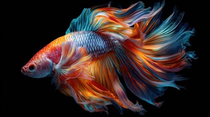 Vibrant Betta fish with flowing tail, showcasing orange, red, and blue hues on black