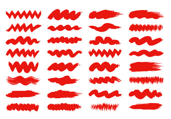 Red Artistic Brush Stroke Collection Featuring Zigzag, Jagged, and Curved Textures