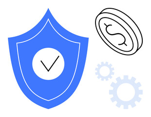 Blue shield with checkmark, dollar coin, and gears symbolizing financial protection, reliability, and operational efficiency. Ideal for finance, security, economy, banking savings strategy risk