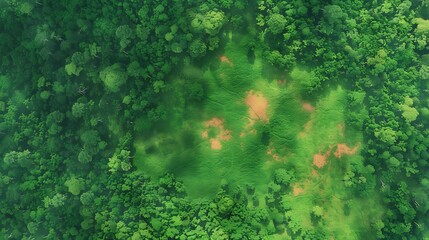 Fototapeta premium Aerial view of lush green forest with patches of reddish brown earth