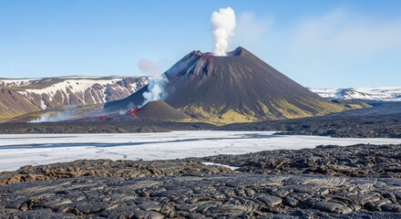 Volcanic eruption spews smoke and lava amidst snow capped mountains and frozen landscape