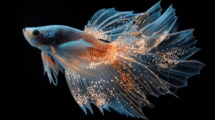 Vibrant betta fish with flowing fins, contrasted against a stark black backdrop