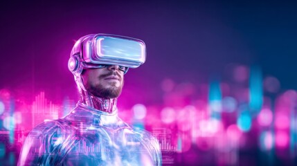 A futuristic man wearing a VR headset stands against a neon-lit, digital cityscape with holographic interface elements and vibrant glowing colors.
