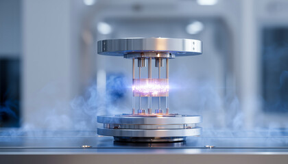 A futuristic quantum chip made with precious materials, sitting calmly in a cold and minimal science lab.