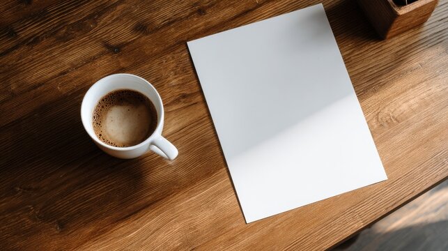 High-quality photo of a4 paper mock up with coffee on a desk.