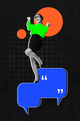 Sketch poster image sketch vertical collage of happy girl stand bubble communication icon dialogue...