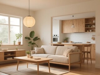 Fototapeta premium Japandi Living Room and Kitchen Interior with Natural Wood and Soft Lighting