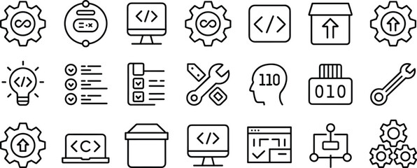Software development and coding icon set, includes DevOps, tools, binary, deployment, bug fixing, programming, editable stroke vector symbols