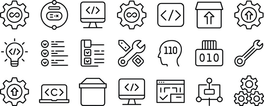 Software development and coding icon set, includes DevOps, tools, binary, deployment, bug fixing, programming, editable stroke vector symbols