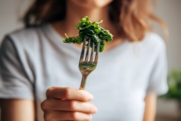 Mindful eating with a woman holding a fork filled with healthy greens, focusing on the slow, deliberate act of nourishing the body.