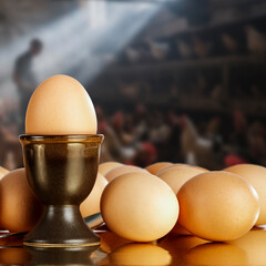 Fresh organic eggs on table with blurred background of free-range chicken farm – healthy eating,...