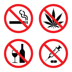 No Smoking, Drugs, Alcohol Warning Signs: Prohibition and Restriction Icons