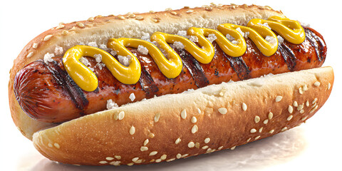 A classic American hot dog with mustard in bun on clean white background, realistic grill marks, USA Patriotic picnic for holiday