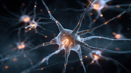High-quality photo of abstract glowing neuron cells, concept of information transmitting in the brain.