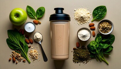 Protein Powder Shaker Bottle with Scoop and Ingredients Flatlay