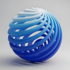 Abstract 3D digital rendering of spherical shape formed by interwoven blue and white bands, creating a fluid and dynamic visual effect with soft gradient colors