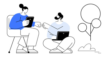 Two individuals seated with a tablet and laptop, engaging in a fist bump. Abstract outdoor scene with trees. Ideal for teamwork, communication, technology, support, partnership, outdoors simple flat