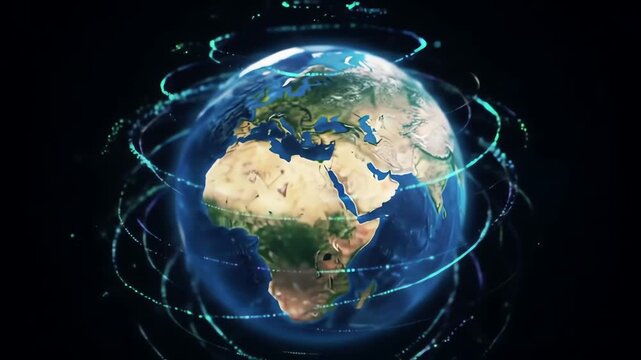 Global communication concept with rotating planet Earth and futuristic glowing technological rings in space