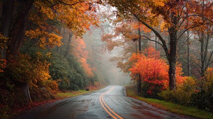 High-quality photo of high-quality photo of autumn mountain road with trees displaying fiery foliage. A light fog settles over the area as rain begins to fall, creating a mystical.