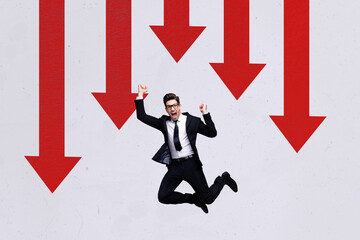 Obraz premium Poster sketch image artwork photo collage of arrow down young man jump excited development aspiration leadership progress success ambition
