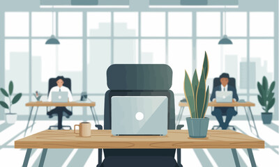 Modern Open Office Space with Desk, Laptop, and City View