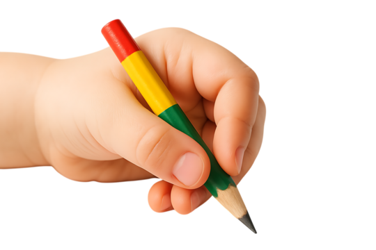 Child s hand holding a pencil with guinea flag colors isolated on transparent background