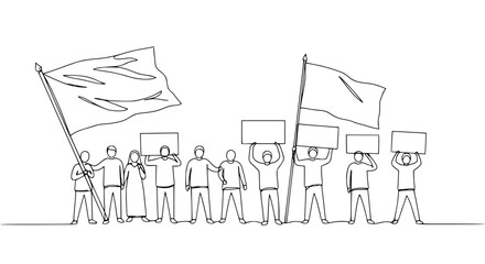 Group of people holding banners and flags for peace day concept  