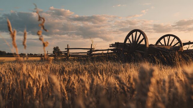 Golden barley field during late summer harvest wooden cart plow resting by fence orange sky in background natural countryside scene captured from ground level cinematic angle