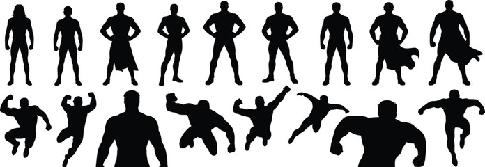 Superhero silhouette collection, vector strong man poses, action hero shadow, muscular figure illustration, flying superhero, heroic pose design © Montaha Creatives