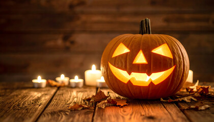 Obraz premium Glowing Jack-o'-Lantern with Candles on Rustic Wooden Background