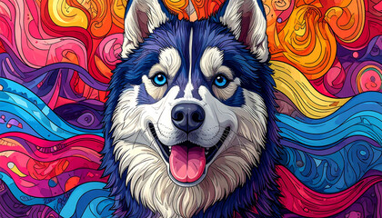 Fluffy Siberian Husky design, colorful intricate linework	