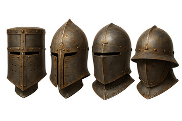 Collection of four medieval knight helmets isolated on transparent background