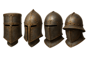 Collection of four medieval knight helmets isolated on transparent background